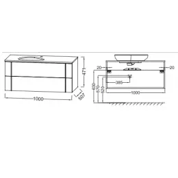 Модуль с раковиной Nouvelle Vague 100 см, пепельный матовый, с 2 ящиками, подвесной монтаж EVI102-00+EB3040-M77 Jacob Delafon
