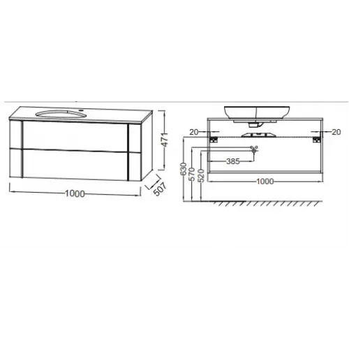 Модуль с раковиной Nouvelle Vague 100 см, пепельный матовый, с 2 ящиками, подвесной монтаж EVI102-00+EB3040-M77 Jacob Delafon
