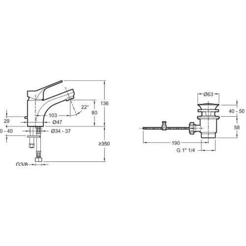 Смеситель для умывальника Brive рычаг донного клапана сбоку, неповоротный излив, с донным клапаном E75760-CP Jacob Delafon