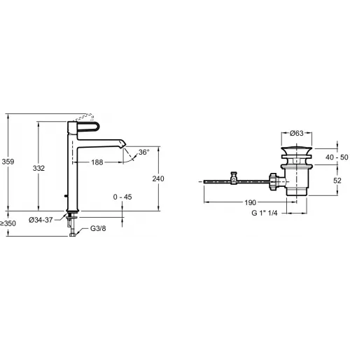 Высокий смеситель на столешницу Odeon Rive Gauche 24 см, неповоротный излив, с донным клапаном E21030-CP-CP Jacob Delafon
