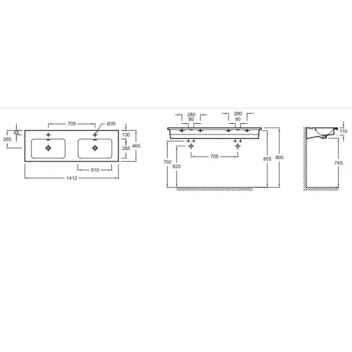Подвесная раковина Vox 140х60х11 см, 2 отверстия для смесителей, санфарфор, двойная EXAA112-00 Jacob Delafon