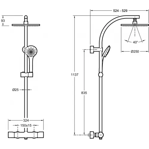 Душевая система без излива Amelie 3 режима, 25 см, round, термостат, верхний душ, с лейкой E32851-CP Jacob Delafon