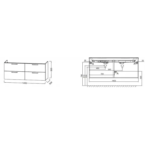 Модуль под раковину Odeon Rive Gauche 140х50,8х56,8 см, 4 ящика, сине-зеленый глянцевый, золотые ручки EB2526-R8-G1M Jacob Delafon