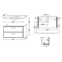 Комплект мебели для ванной Ola 100 см, серый антрацит, с 2 ящиками, подвесной монтаж EXU112-00+EB1099-RU+EB392-N14 Jacob Delafon