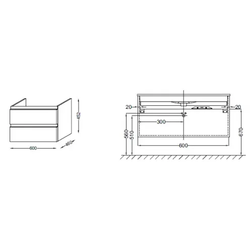 Модуль под раковину Vox 60х46х45,2 см, черное дерево, с 2 выдвижными ящиками, встроенные ручки EB2030-RA-E15 Jacob Delafon