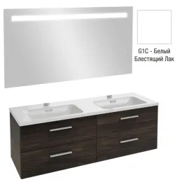 Комплект мебели для ванной Vox 140 см, белый блестящий лак, изогнутая ручка, 4 ящика, с функцией анти-пар, подвесной монтаж, с подсветкой EB1420-NF+EXAA112-Z-00+EB2070-R1-G1C Jacob Delafon