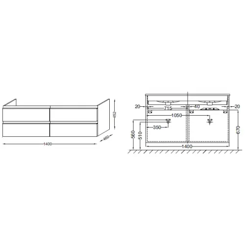 Модуль под раковину Vox 140х46х45 см, матовый аквамарин, 4 выдвижных ящика, встроенные ручки EB2020-RA-M43 Jacob Delafon