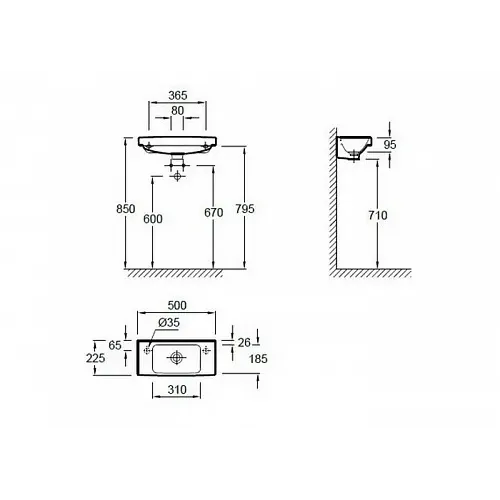 Подвесная раковина Odeon Up 50х22х9,5 см, с 1 отверстием для смесителя справа, санфарфор E4701R-00 Jacob Delafon