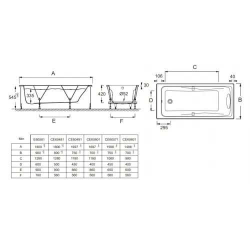 Акриловая ванна Odeon Up 180х90 см, с каркасом, подголовником и ручками E60581-00 Jacob Delafon