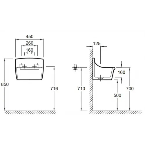 Подвесная раковина Norma 45х36х16 см, с отверстиями для решетки, санфарфор E1899-00 Jacob Delafon