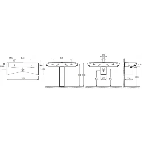 Подвесная раковина Reve 120х46,5х13,5 см, с одним отверстием для смесителя слева и одним отверстием справа, санфарфор E4824-00 Jacob Delafon