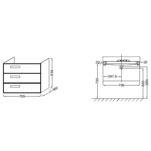 Модуль под раковину Rythmik 79,5х36х63,4 см, белый блестящий лак, 3 выдвижных ящика EB1308-G1C Jacob Delafon