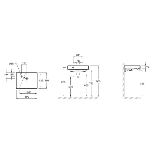 Подвесная раковина Formilia Rythmik 60х46х8,5 см, гладкая нижняя поверхность, с 1 отверстием для смесителя слева, санфарфор EXQ112-Z-00 Jacob Delafon