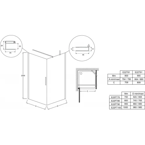 Душевая дверь Contra 88х200 см, матовый, 6 мм, черный профиль E22T91-BL Jacob Delafon