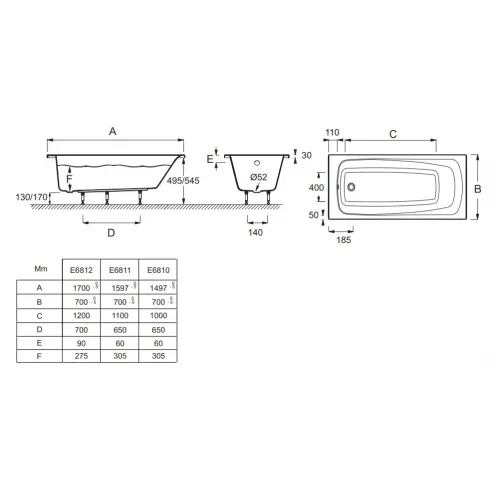 Акриловая ванна Patio 150х70 см E6810-00 Jacob Delafon