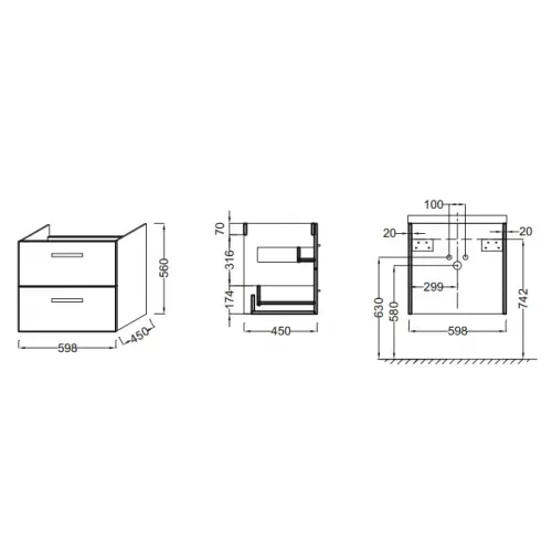 Модуль под раковину Ola 59,8х45х56 см, серый антрацит, 2 ящика EB390RU-N14 Jacob Delafon