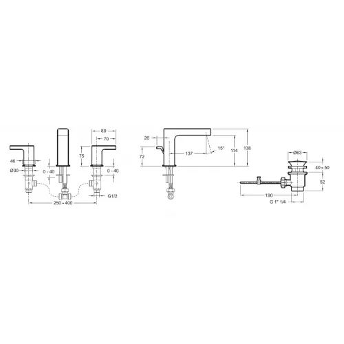 Смеситель для раковины на 3 отверстия Strayt с донным клапаном E37331-CP Jacob Delafon