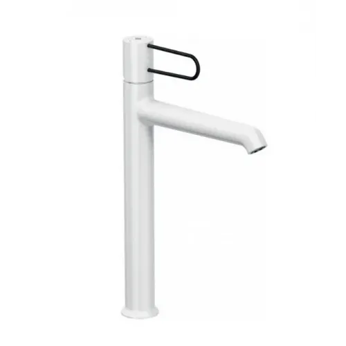 Высокий смеситель на столешницу Odeon Rive Gauche 24 см, ручка черная, неповоротный излив, белый цвет, с донным клапаном E21030-BL-00 Jacob Delafon