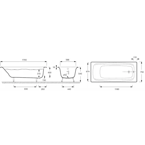 Чугунная ванна Diapason 170х75 см, без отверстий для ручек, без антискользящего E2937-S-00 Jacob Delafon