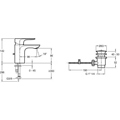 Смеситель для умывальника Aleo 9 л/мин, неповоротный излив, с донным клапаном E98332-4-CP Jacob Delafon
