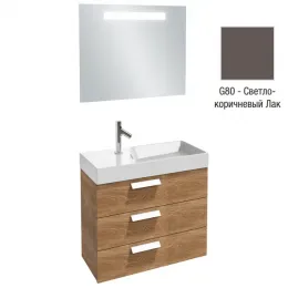 Комплект мебели для ванной Rythmik 80 см, светло-коричневый блестящий лак, 3 основных ящика, полотно, левая раковина, с подсветкой, подвесной монтаж EB1160-NF+EXP112-Z-00+EB1308-G80 Jacob Delafon
