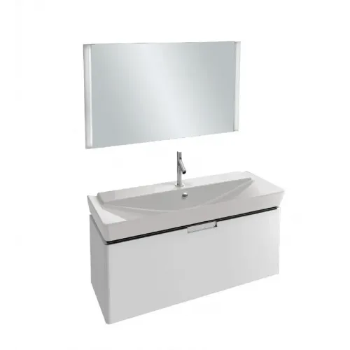 Комплект мебели для ванной Reve 120 см, белый блестящий лак, 1 выдвижной ящик, съемный контейнер, с 1 отверстием под смеситель, полотно, с подсветкой, подвесной монтаж E4800-00+EB577-NF+EB1133-G1C Jacob Delafon