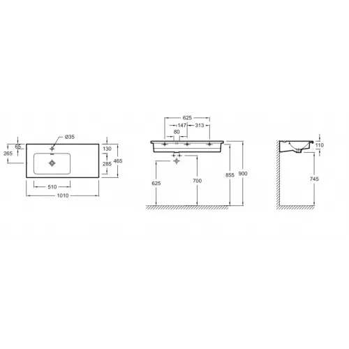 Подвесная раковина Vox 100х46х11 см, левая, столешница справа, одно отверстие для смесителя, санфарфор EXAC112-00 Jacob Delafon