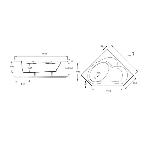 Акриловая ванна Bain-douche 135х135 см, левосторонняя, с ножками, угловая симметричная E6220-00 Jacob Delafon