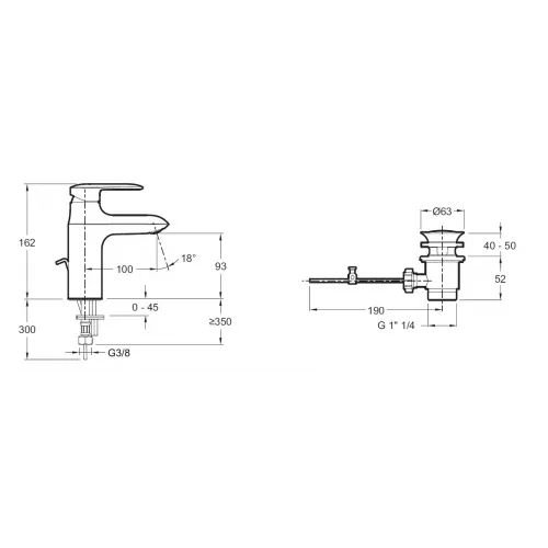 Смеситель для умывальника Kumin с картриджем с3 (смещенный центр выпуска воды), неповоротный излив, с донным клапаном E99444-CP Jacob Delafon