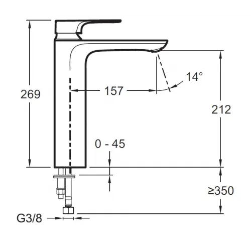 Высокий смеситель на столешницу Aleo+ 21,2 см, неповоротный излив, без донного клапана E72336-CP Jacob Delafon