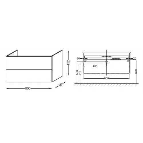 Модуль под раковину Vox 80х46х45 см, белый блестящий, 2 ящика, изогнутая ручка EB2078-R4-N18 Jacob Delafon