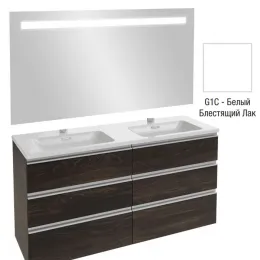 Комплект мебели для ванной Vox 140 см, белый блестящий лак, 6 выдвижных ящиков, с функцией анти-пар, подвесной монтаж, с подсветкой EB1420-NF+EXAA112-Z-00+EB2040-RA-G1C Jacob Delafon