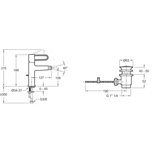 Смеситель для биде Odeon Rive Gauche ручка - золото, с донным клапаном E21033-GLD-CP Jacob Delafon