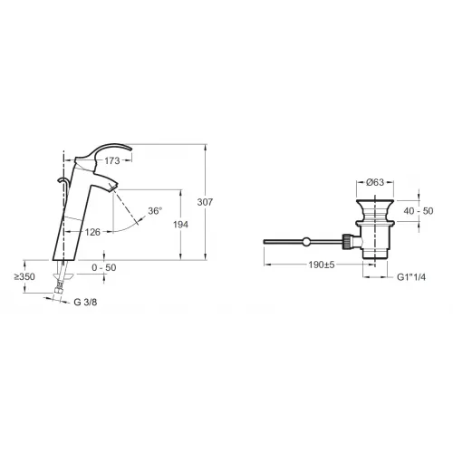 Смеситель для умывальника Saluto высокий, неповоротный излив, с донным клапаном E72085-CP Jacob Delafon