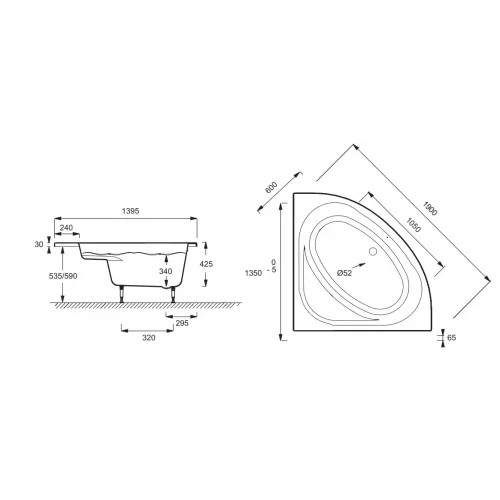 Акриловая ванна Domo 135х135 см, угловая симметричная E60223-00 Jacob Delafon