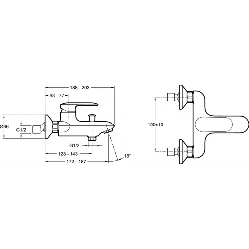Настенный смеситель Kumin с выходом на душ (без лейки), неповоротный излив E1385-CP Jacob Delafon