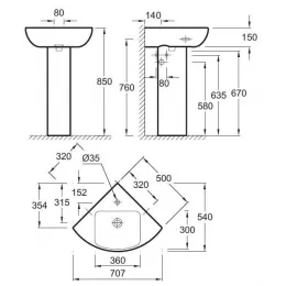 Подвесная раковина Odeon Up 50х50х15 см, с отверстием для смесителя, санфарфор, угловая E4710-00 Jacob Delafon