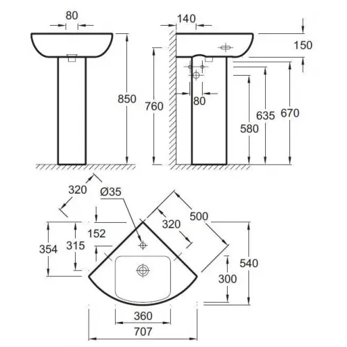 Подвесная раковина Odeon Up 50х50х15 см, с отверстием для смесителя, санфарфор, угловая E4710-00 Jacob Delafon