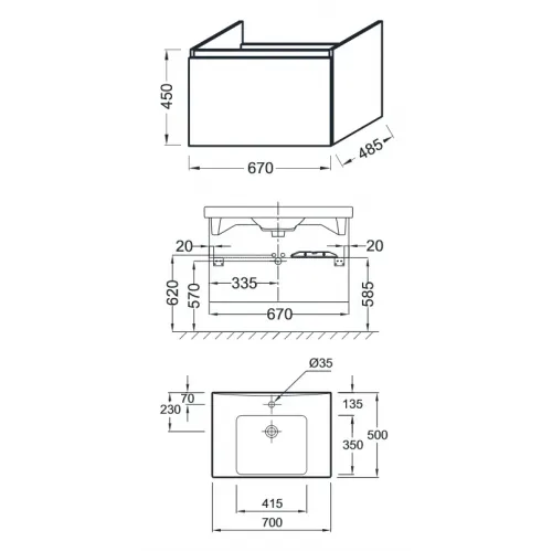 Комплект мебели для ванной Odeon Up 70 см, серый антрацит, без подсветки, отверстие для смесителя, подвесной монтаж E4732-00+EB1082-NF+EB860-N14 Jacob Delafon