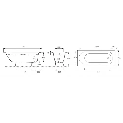 Чугунная ванна Soissons 170х70 см, выставочный образец, ножки, слив-перелив в комплекте, без антискользящего E2921-00+E4113-NF+E6D159-CP/У Jacob Delafon