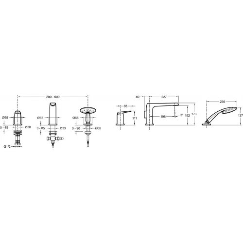 Смеситель на борт ванны Avid полированный, лейка в комплекте, на 3 отв., никель E97360-BN Jacob Delafon