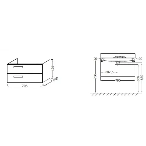 Модуль под раковину Rythmik 79,5х36х42,4 см, 2 ящика, серая кожа EB1302-N29 Jacob Delafon