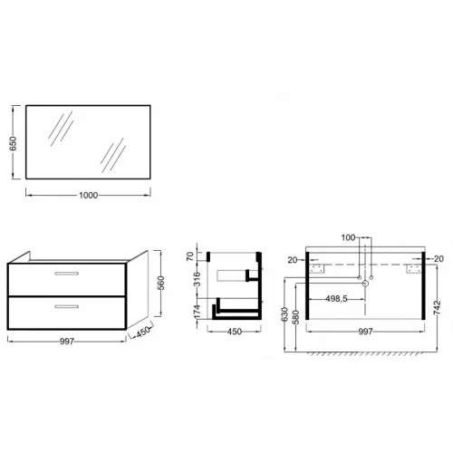 Комплект мебели для ванной Ola 100 см, темный дуб, с 2 ящиками, подвесной монтаж EXU112-00+EB1099-RU+EB392-NR Jacob Delafon