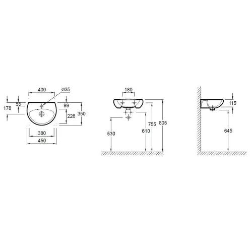 Подвесная раковина Mideo 45х35х11,5 см, санфарфор E4338G-00 Jacob Delafon