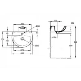 Подвесная раковина Patio 45х35х11,5 см, с одним отверстием для смесителя, санфарфор E4152-00 Jacob Delafon