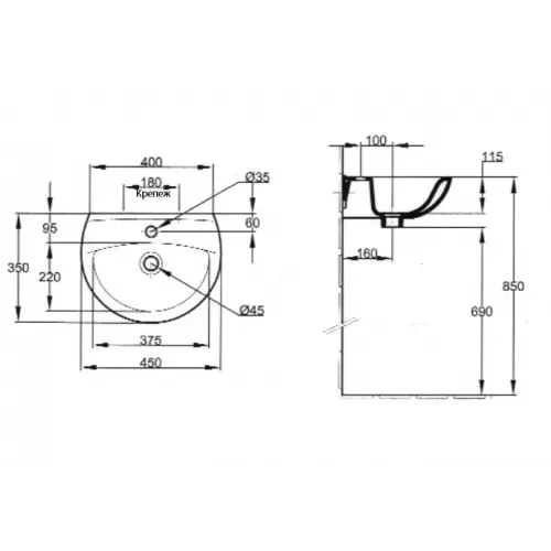 Подвесная раковина Patio 45х35х11,5 см, с одним отверстием для смесителя, санфарфор E4152-00 Jacob Delafon