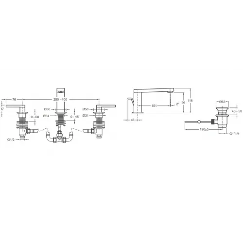 Смеситель для раковины на 3 отверстия Composed с донным клапаном E73060-4-CP Jacob Delafon