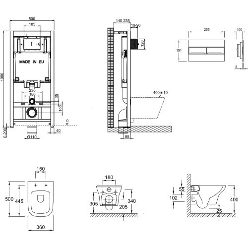Комплект унитаза с инсталляцией Vox глубина унитаза 50см, клавиша хром глянец, с микролифтом, безободковый E21746RU-00 Jacob Delafon