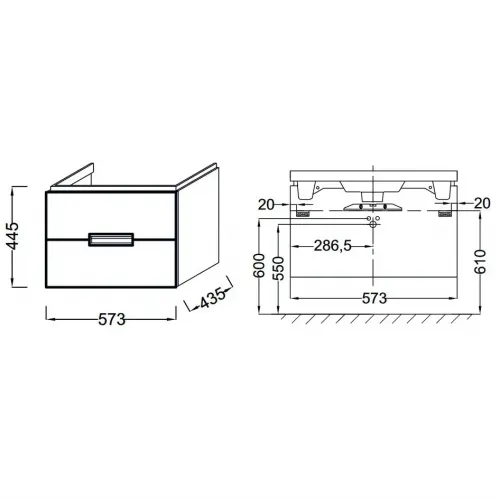 Модуль с раковиной Reve 60 см, 2 ящика, плавное закрытие, плавное закрытие, встроенные ручки, белый лак, подвесной монтаж E4802-00+EB1134-G1C Jacob Delafon