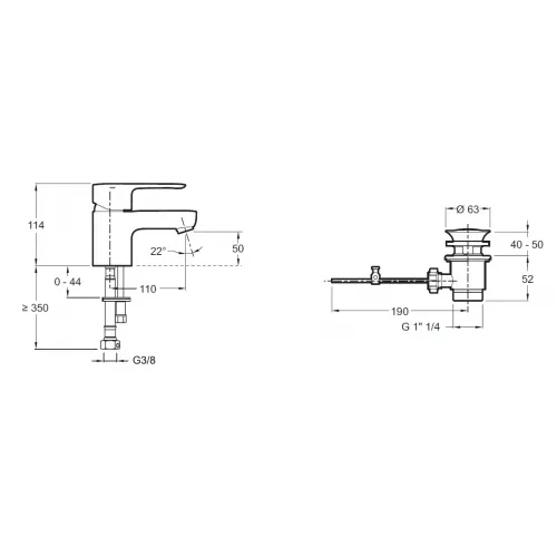 Смеситель для умывальника July с ограничителем температуры, неповоротный излив, с донным клапаном E16027-4-CP Jacob Delafon